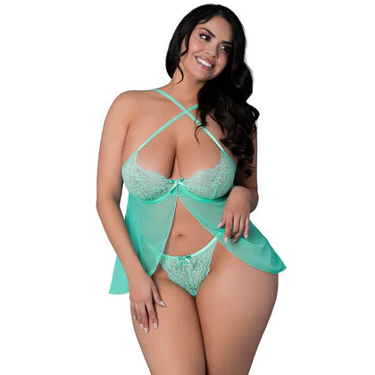 Caribbean Crush Flutter Babydoll & Thong Set Aqua Glow